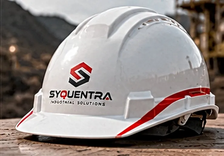 White safety helmet with SYQUENTRA branding