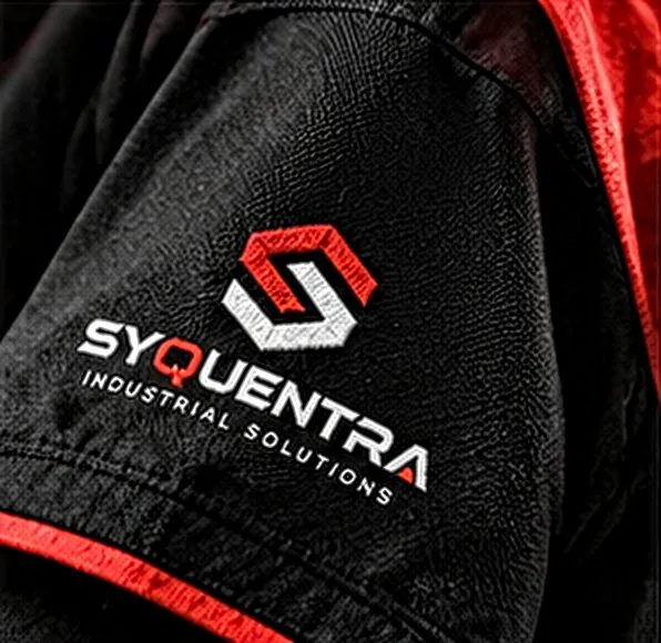 Embroidered SYQUENTRA logo on a workwear sleeve