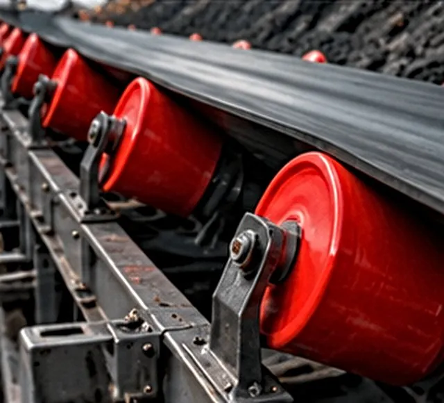 Row of red conveyor return rollers beneath a dark conveyor belt
