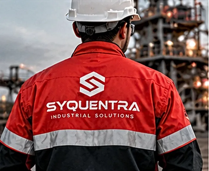 Field engineer in a SYQUENTRA high-visibility jacket at a processing plant